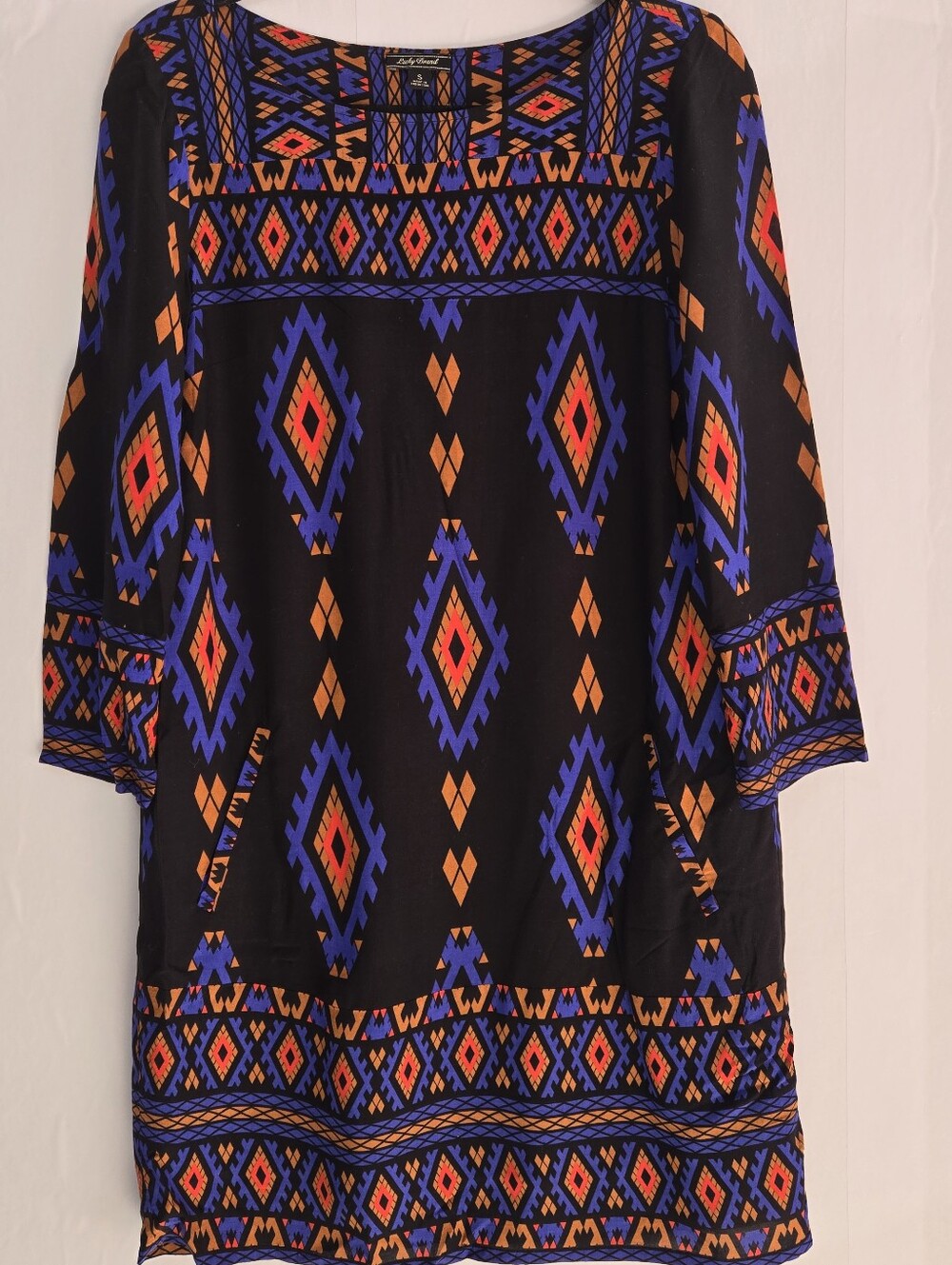 Lucky Brand Size S wide neck colorful 3/4 Sl Aztec print midi dress